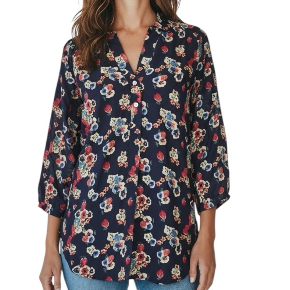 AMOUR VERT Navy Floral 3/4 Length Sleeve Button Detail Blouse Size Medium